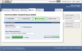 A screen shot of the cashier's checkout interface in ReadySetAuction Live. (click to enlarge)