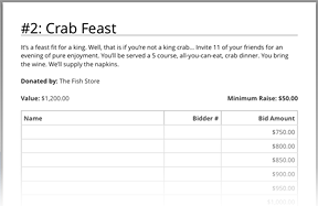 A ReadySetAuction Live printable bid sheet.