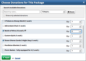 A screen of the first donation chooser, used to bundle donations into a single auction package.