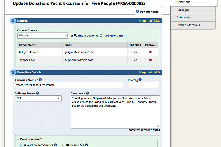 A screen shot of ReadySetAuction's Update Donation form, where you enter the details of a donation and choose its donors.