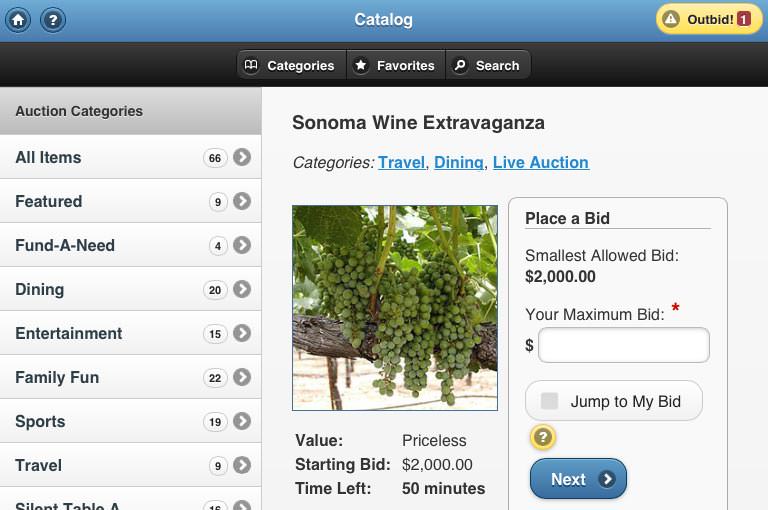 A screen shot of ReadySetAuction's online catalog, showing an auction package for wine tasting in Sonoma.