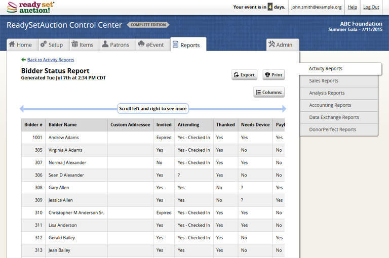 A screen shot of ReadySetAuction's Bidder Status Report.