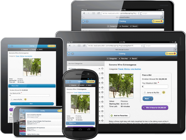 Picture of the kinds of devices ReadySetAuction Live will work on, including smartphones and tablets of various sizes.