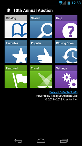 A screen shot of the ReadySetAuction Live home screen.